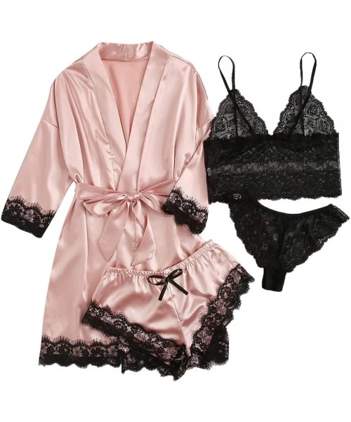 Sets Women's 4 Piece Sleepwear Pajama Set Satin Robe with Lace Lingerie Set - Multi - C71985ELX5L