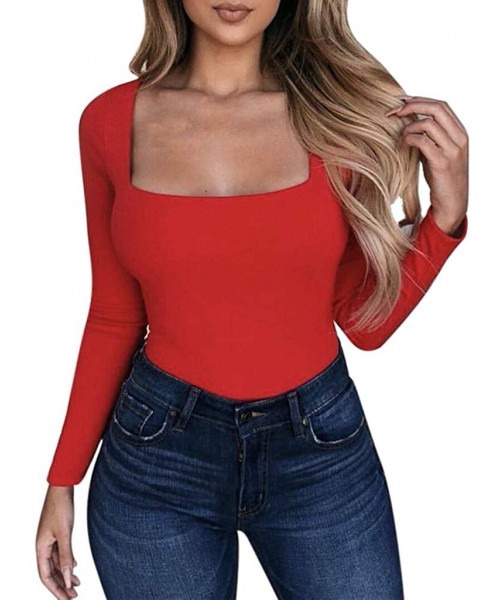 Thermal Underwear Women Sexy Square Low Neck Long Sleeve Slim Fitted T Shirt Casual Solid Color Blouse Undershirts - Red - CD...