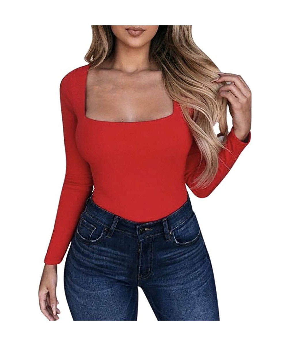 Thermal Underwear Women Sexy Square Low Neck Long Sleeve Slim Fitted T Shirt Casual Solid Color Blouse Undershirts - Red - CD...