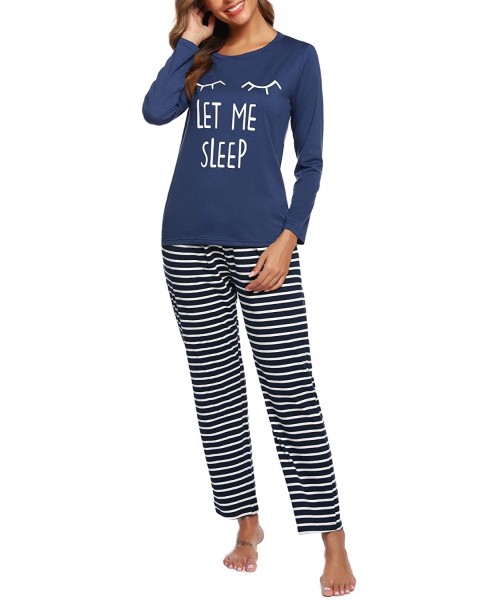 Sets Womens Long Sleeve Pajamas Set Striped Top and Pants Soft Pjs Sets Sleepwear - Navy Blue - CA18XWS2NI6