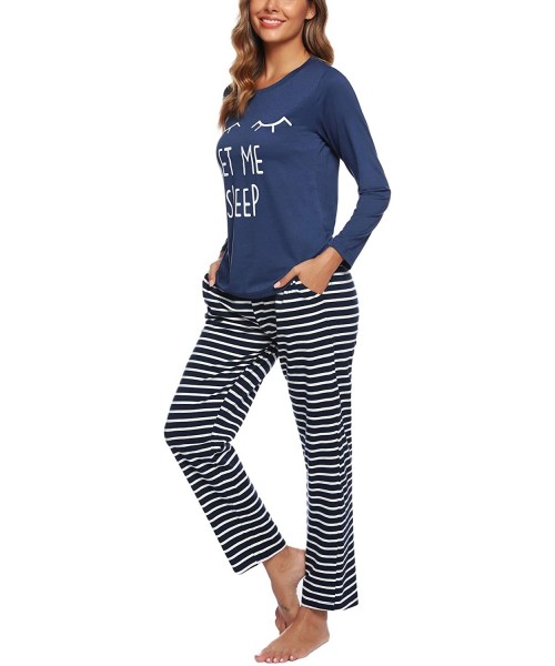 Sets Womens Long Sleeve Pajamas Set Striped Top and Pants Soft Pjs Sets Sleepwear - Navy Blue - CA18XWS2NI6