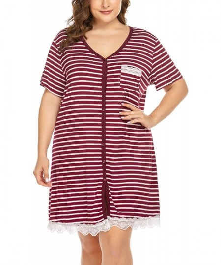 Nightgowns & Sleepshirts Women's Plus Szie Nightshirt Striped Nightgown Tee Short Sleeve Lace Sleepwear with Front Pocket - W...