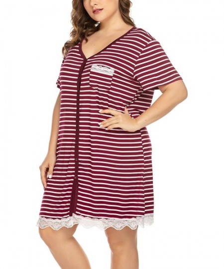 Nightgowns & Sleepshirts Women's Plus Szie Nightshirt Striped Nightgown Tee Short Sleeve Lace Sleepwear with Front Pocket - W...