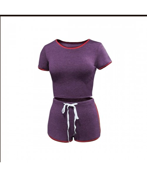 Sets Two Piece Outfits for Women - Sexy Pajamas Crop Tops Workout Shorts Sweatsuits Sets - Stripe Purple - CE198MZ6T4N