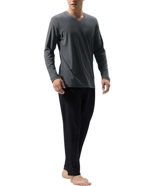 Sleep Sets Men's Cotton Sleepwear Tall PJs V-Neck Lounge Wear Top and Bottom Long Pajamas Set - Dark Gray-black - CK18EXASH2G