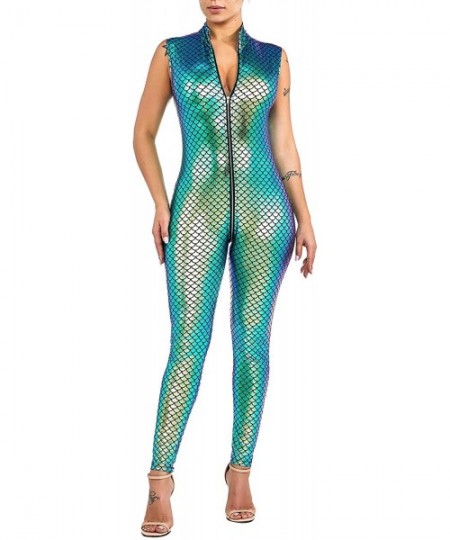 Shapewear Women's Metallic Zip Front Neck Catsuit Bodysuit - Bky091-1 Blue-green - CP18ZED8R79