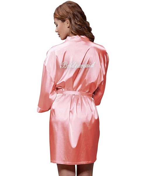 Robes Women's Satin Kimono Rhinestone Robe for Bridesmaid and Bride Wedding Party - Light Coral - CT1974CDE92