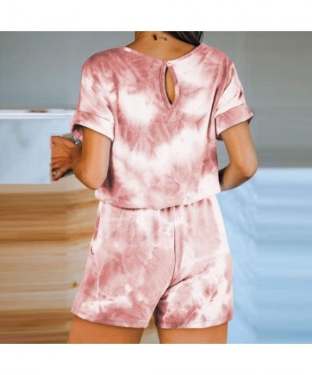 Sets Short Sleeve Tie Dye Jumpsuit - Casual PJ Sets with Pockets Drawstring Waist Nightwear Loungewear Loose Rompers Pink - C...