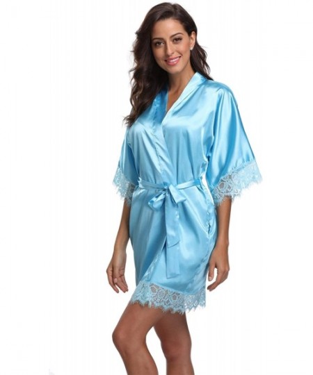 Robes Women's Short Robe Lace Trim Satin Kimono Robe Soft Silk Bathrobe Loungewear - Blue - CA18NX3DKT5