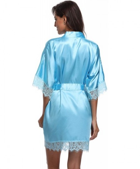 Robes Women's Short Robe Lace Trim Satin Kimono Robe Soft Silk Bathrobe Loungewear - Blue - CA18NX3DKT5