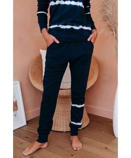 Nightgowns & Sleepshirts Womens 2 Piece Tie Dye Set Stripes Casual Pocket Sweatpants Pajama Sweat Suits Navy Blue 2XL - C1190...