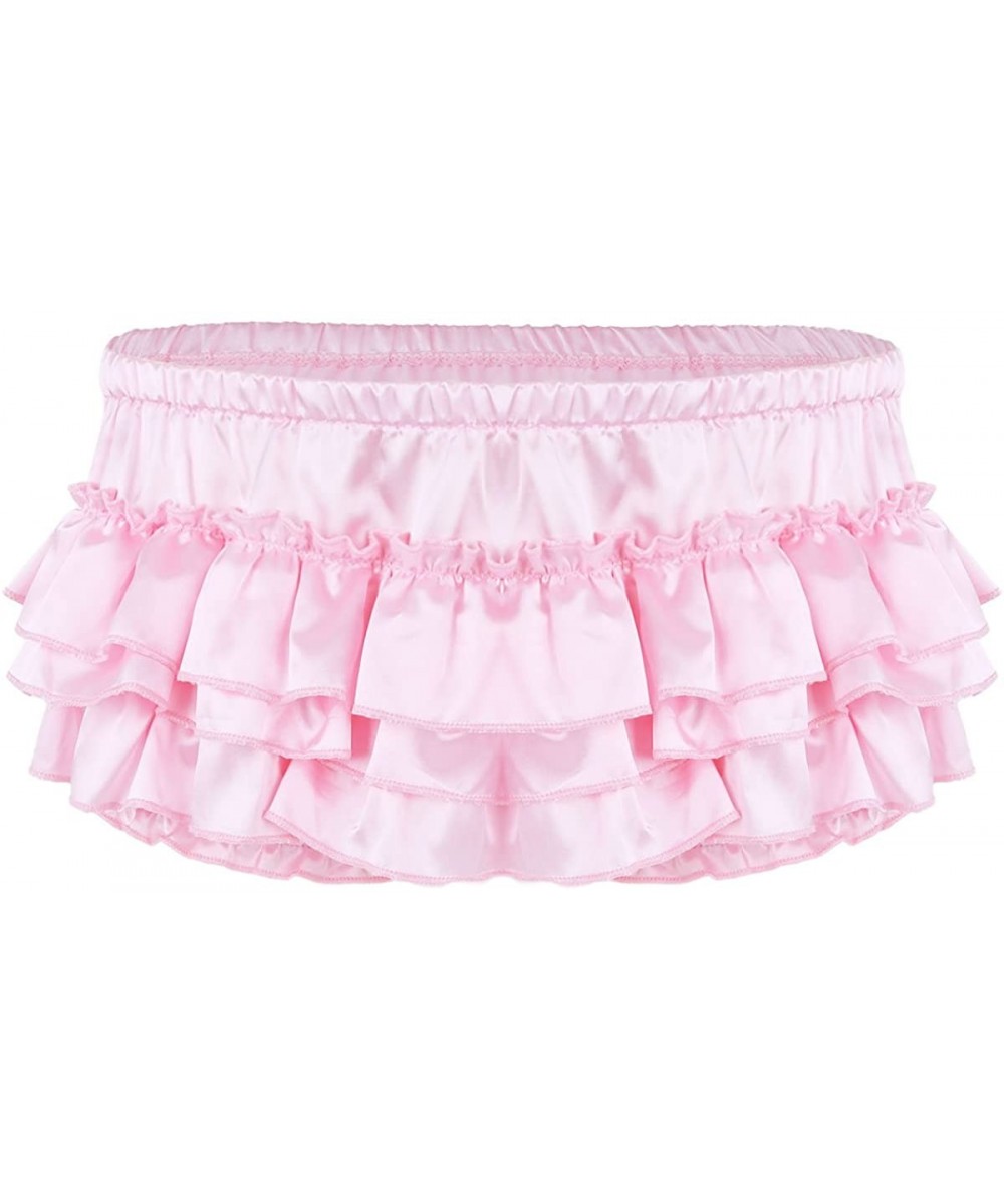 Briefs Men's Soft Shiny Satin Frilly Sissy Crossdress Lingerie Bloomer Ruffled Skirted Panties Underwear - Pink - CC1926YR0DG