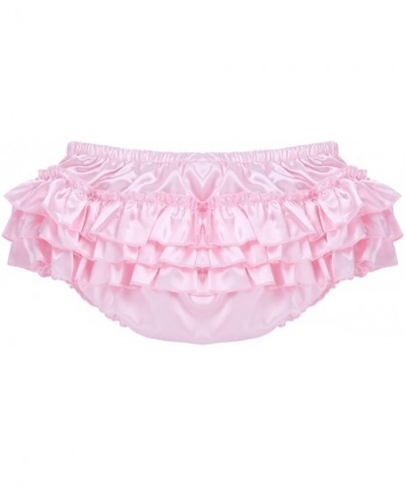 Briefs Men's Soft Shiny Satin Frilly Sissy Crossdress Lingerie Bloomer Ruffled Skirted Panties Underwear - Pink - CC1926YR0DG