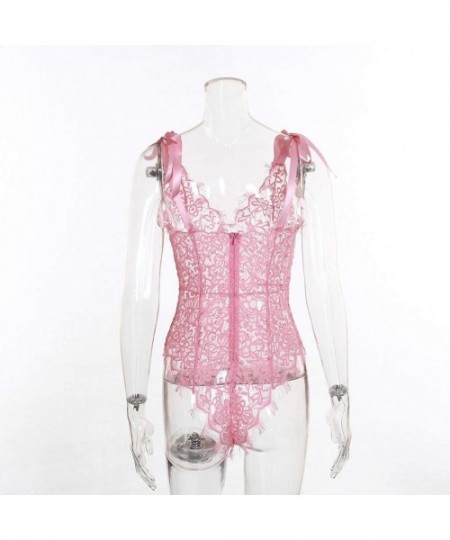 Bras Women Sexy Lingerie Gauze One-Piece Garment Lace Back Zipper of Sling Underwear - Pink - CK18ZW502L7