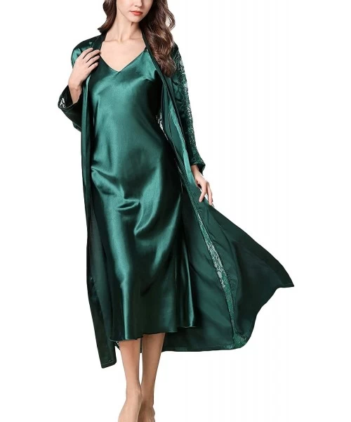 Sets Women's Lace Pajama Set Nightgown Robes Long Sleeves Silky 2 Pieces Cami Sleepwear - Green - C518W7U2NAG
