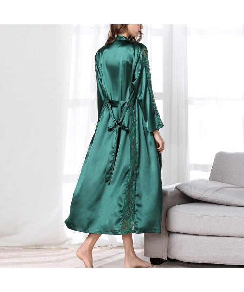 Sets Women's Lace Pajama Set Nightgown Robes Long Sleeves Silky 2 Pieces Cami Sleepwear - Green - C518W7U2NAG