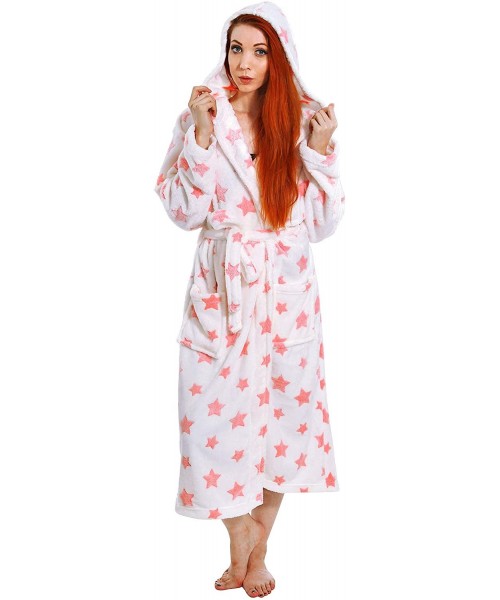 Robes Soft Warm Winter Luxurious Flannel Long Sleeve Bath Robe w/Pockets - White Background Pink Star - CQ188Y8CC9H