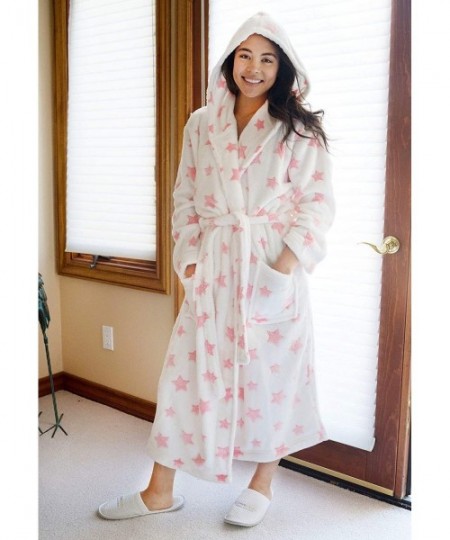 Robes Soft Warm Winter Luxurious Flannel Long Sleeve Bath Robe w/Pockets - White Background Pink Star - CQ188Y8CC9H
