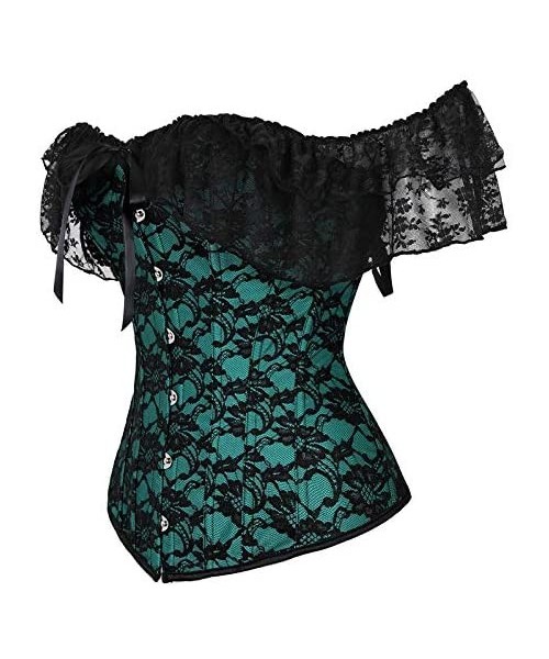 Bustiers & Corsets Women's Vintage Steampunk Overbust Corset Off Shoulder Lace Long Sleeves Bustier Top - Green- Short Off Sh...