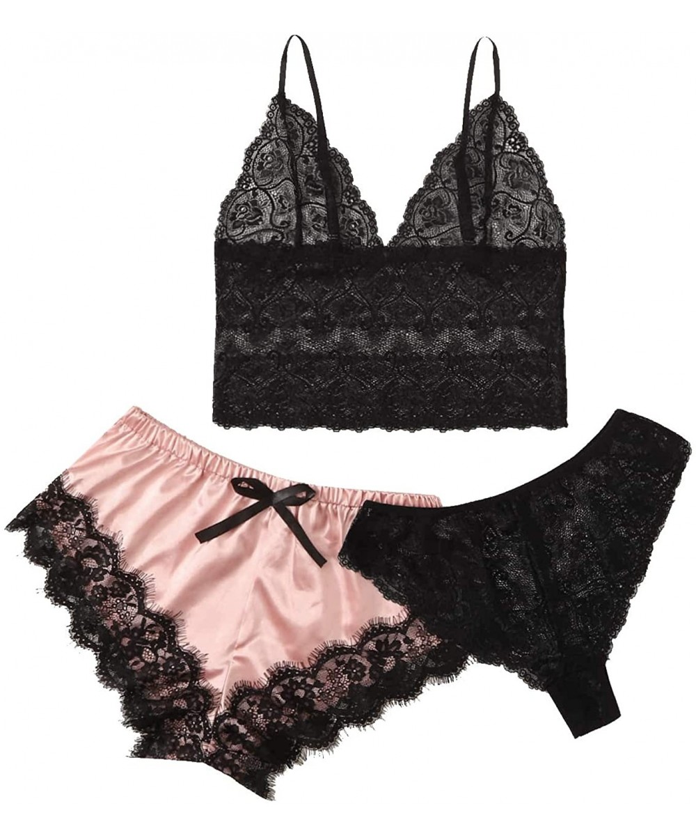 Sets Women's Sleepwear Lace Cami Top with Shorts & Panties Sexy Lingerie Pajama Set - Pink - CR199I60D35