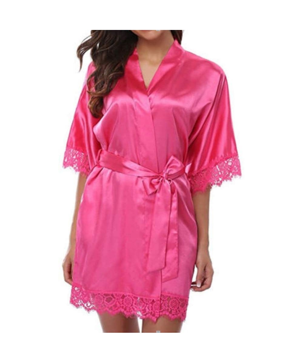 Robes Women's Bathrobe- Women Nightdress Lace Lingerie Sleepwear Dress Robe Nightie Gown Bathrobe Kimono Satin Robes-Pink-L -...