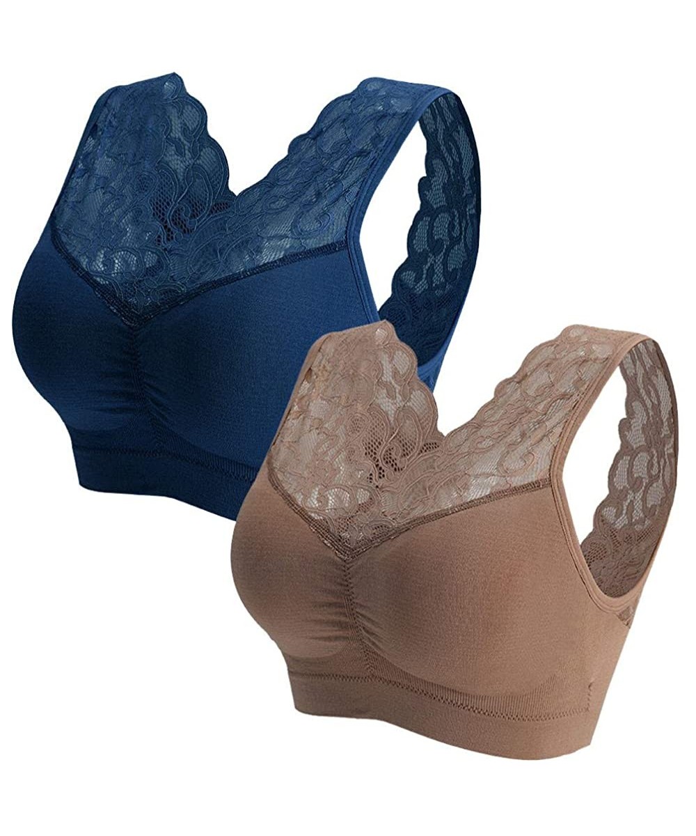 Bras Women's Floral Lace Bra Padded Breathable Sexy V-Neck Bra - Coffee/Navy - CS197NMCNH6