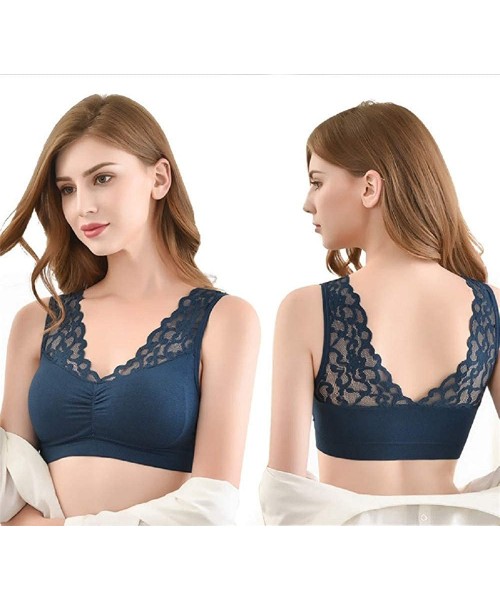 Bras Women's Floral Lace Bra Padded Breathable Sexy V-Neck Bra - Coffee/Navy - CS197NMCNH6