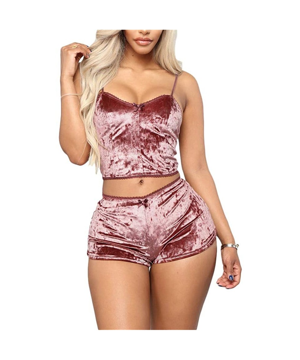 Sets Sexy Velvet Strappy Babydoll Lingerie Satin Pajama Set for Women Crop Top Camisole and Shorts Bottom Sleepwear 2 Piece O...