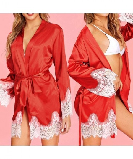 Sets Silk Nighties for Women-Fashion Autumn Casual Solid Nine-Minute Sleeve Lace Splicing Sleepwear - A-red - CA1936728NH