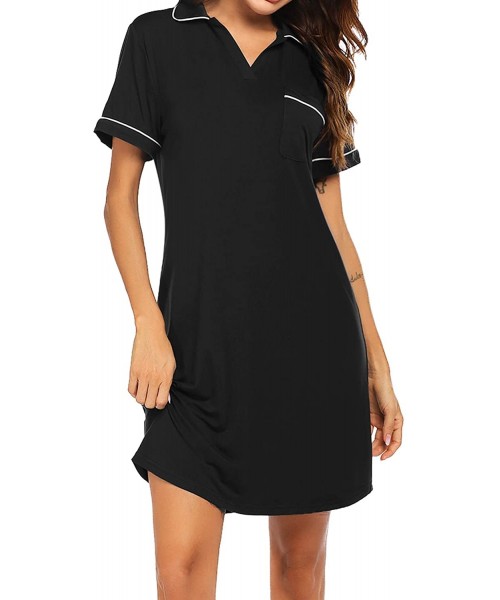 Nightgowns & Sleepshirts Women's Nightgown V Neck Short Sleeve Sleep Nightshirt Loungewear Button Down Pajama Dress - B-black...
