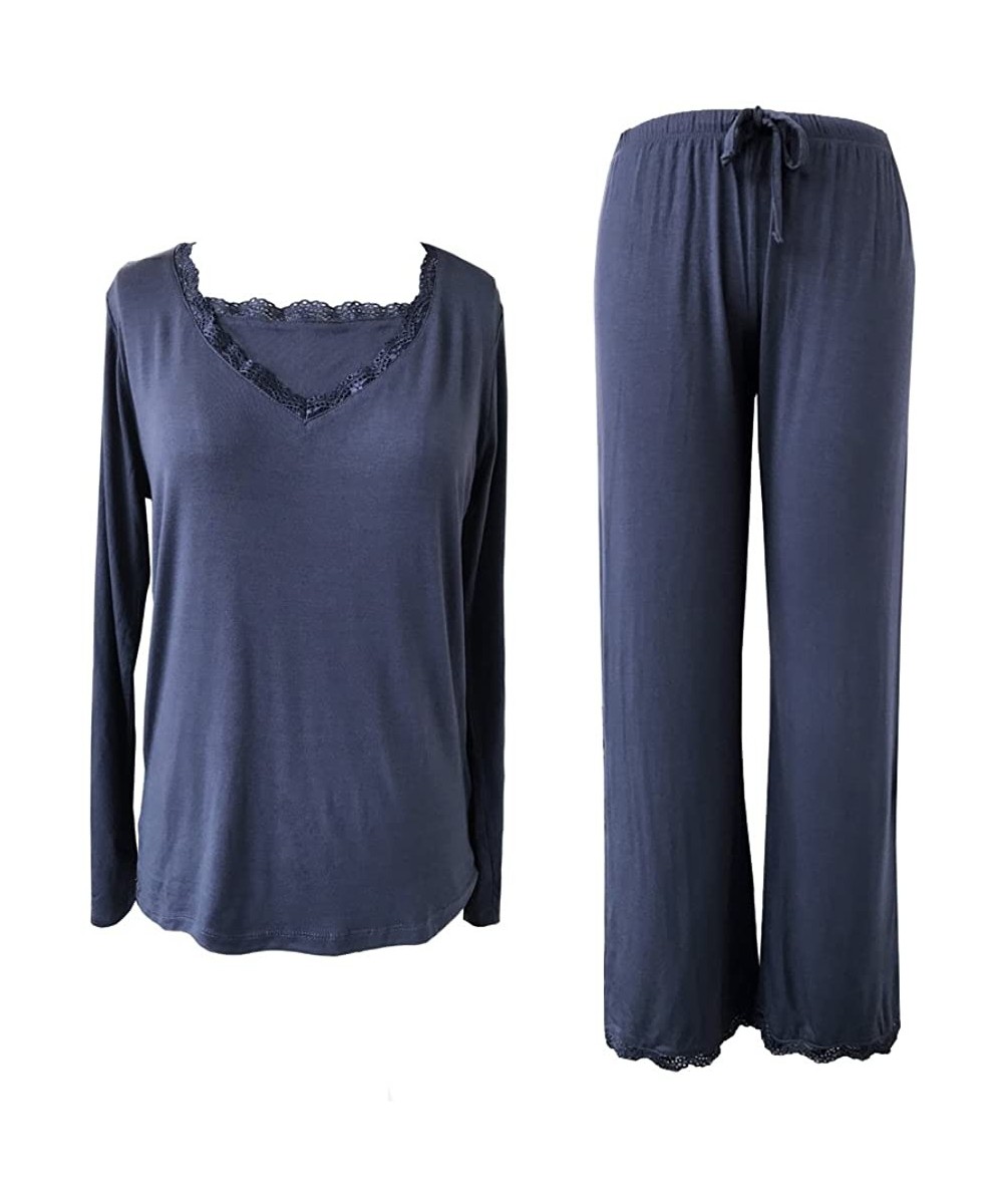 Sets Women's Bamboo Pajamas- Hot Flash Menopause Relief PJS- V Neck - Blue - CC185ZT65DU