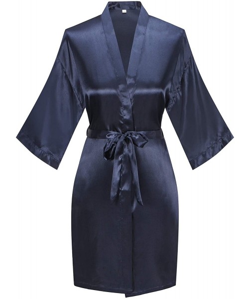 Robes Women's Pure Color Satin Kimono Robe Short Bridesmaids Robe Dressing Gown - Navy Blue - CS18CGQD3IW