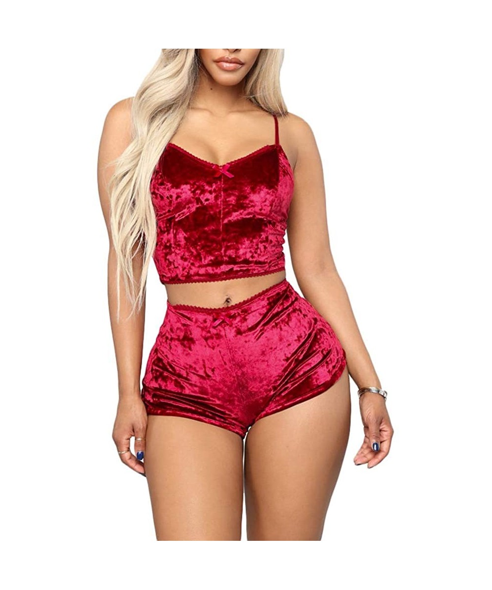 Sets Womens Sexy Velvet 2 Pieces Romper Outfit - Sleeveless Crop Top Camisole + Shorts Bottom Sleepwear Pajama Set Clubwear -...