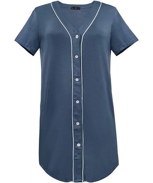 Nightgowns & Sleepshirts Women's Nightgown Short Sleeve Button Down Pajamas Dress - Blue - C81986L00KN