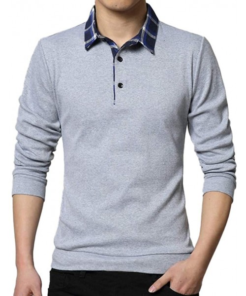 Thermal Underwear Mens Spring Casual T-Shirt Fashion Lapel T-Shirt Checked Long Sleeve Tops Blouse - Gray - CZ18Q67Z7G4