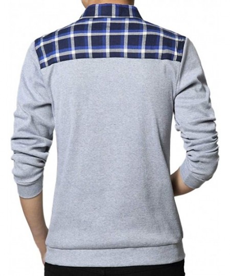 Thermal Underwear Mens Spring Casual T-Shirt Fashion Lapel T-Shirt Checked Long Sleeve Tops Blouse - Gray - CZ18Q67Z7G4