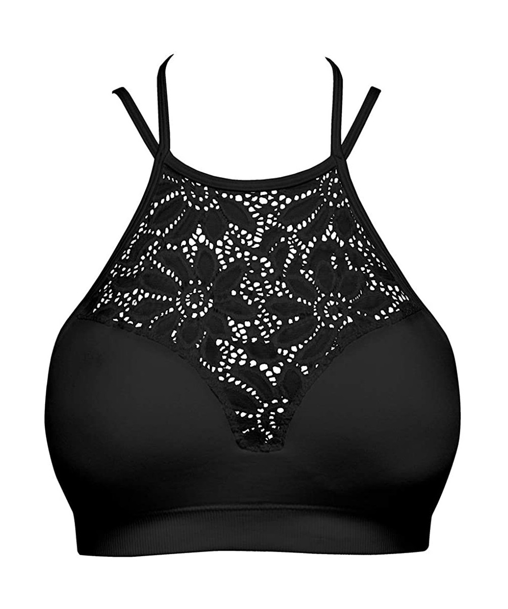 Camisoles & Tanks Lace Halter Neck Padded Bralette - Floral Lace Seamless Bra - 042_black - CW18RN2SELH
