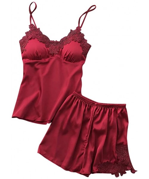 Tops Womens Sexy Satin Sling Sleepwear Lingerie Lace Nightdress Underwear Set - Winered - CA18UOZ8AOM