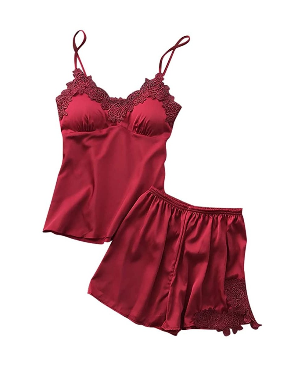 Tops Womens Sexy Satin Sling Sleepwear Lingerie Lace Nightdress Underwear Set - Winered - CA18UOZ8AOM