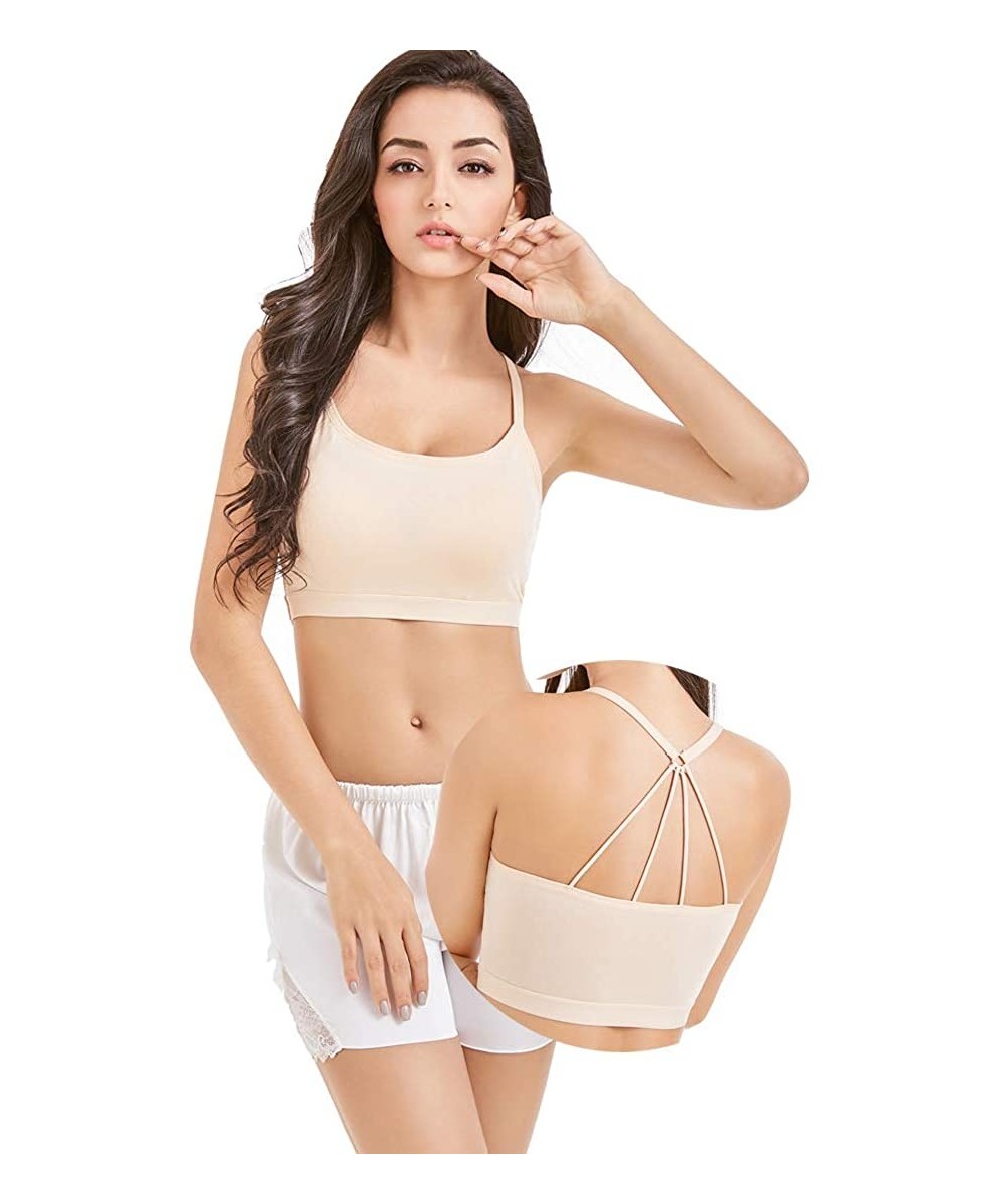 Bras Mini Camisole with Built-in Bra Adjustable Spaghetti Strap Padded Short Cami Bra for Yoga Comfortable Tank Tops - Beige-...