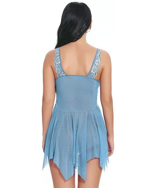 Nightgowns & Sleepshirts Lingerie for Women Front Closure Babydoll Lace V Neck Mesh Sleepwear Lingerie - Blue - C719D45UTD5