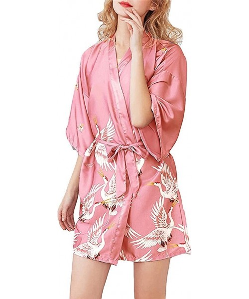 Robes Women's Bathrobes Short Kimono Robe Bridesmaids Satin Sleepwear Japanese Style Kimono Nightgowns - Coral - C7198QE9KRL