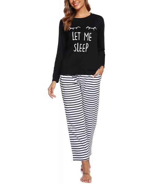 Sets Womens Long Sleeve Pajamas Set Striped Top and Pants Soft Pjs Sets Sleepwear - Black - CR18XOM57KW