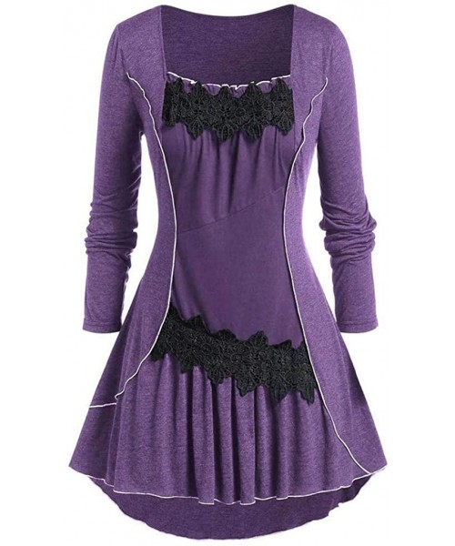 Tops Women Plus Size Tunic Color Block Applique T Shirt High Low Square Collar Tops - Purple - CU19265K3H9