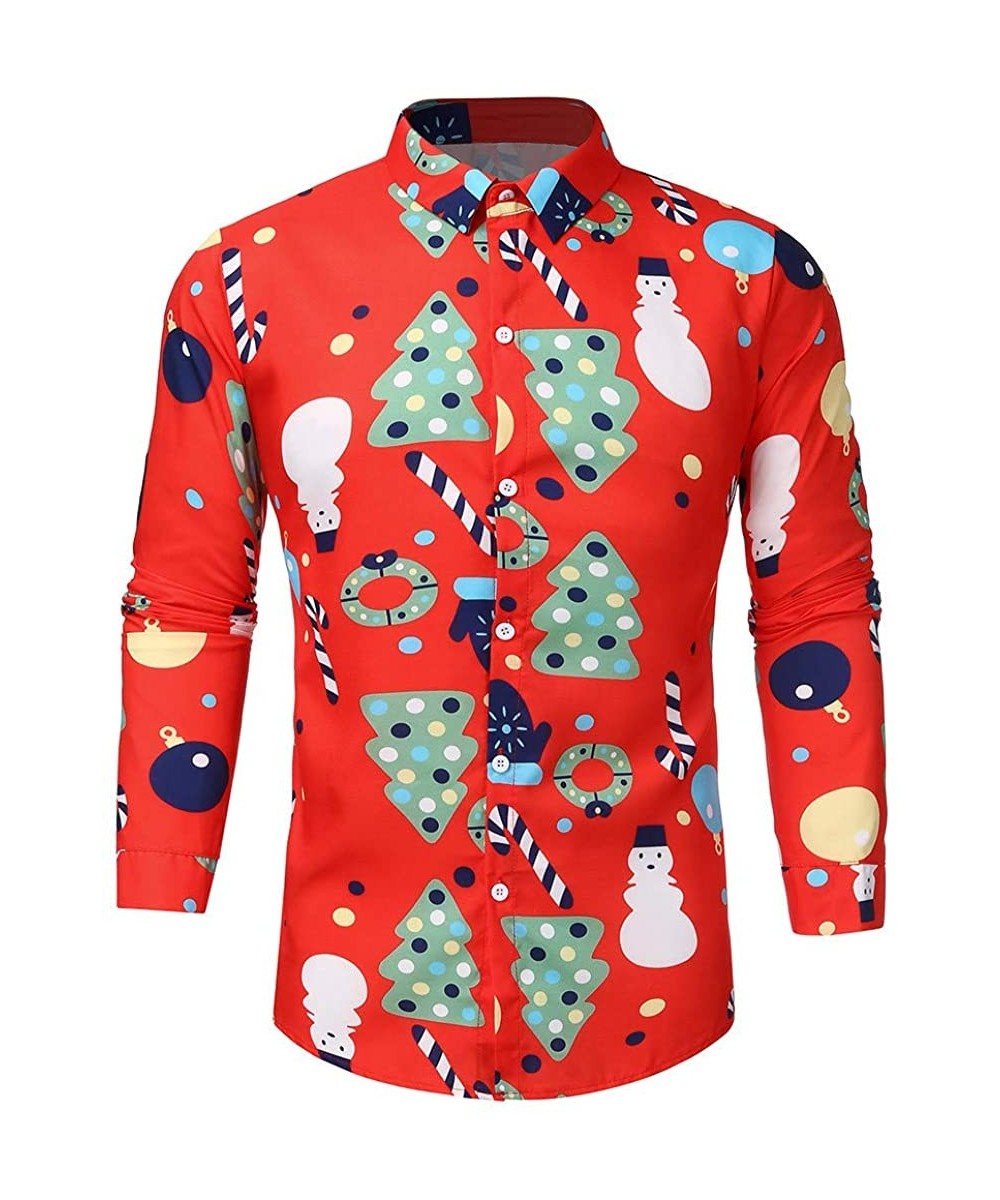 Undershirts Button Down Christmas Shirt Long Sleeve Santa Claus Print Party Ugly Hawaiian Christmas T Shirts Tops - 06 Red - ...