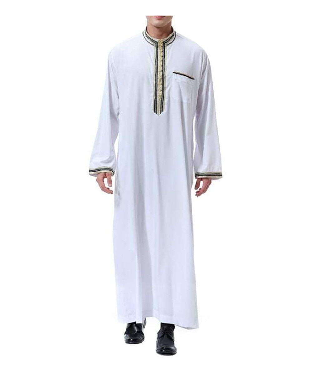 Robes Men's Muslim Middle East Loose Stand Collar Arabic Abaya Arabian Robe - White - CE18TUWA0GL