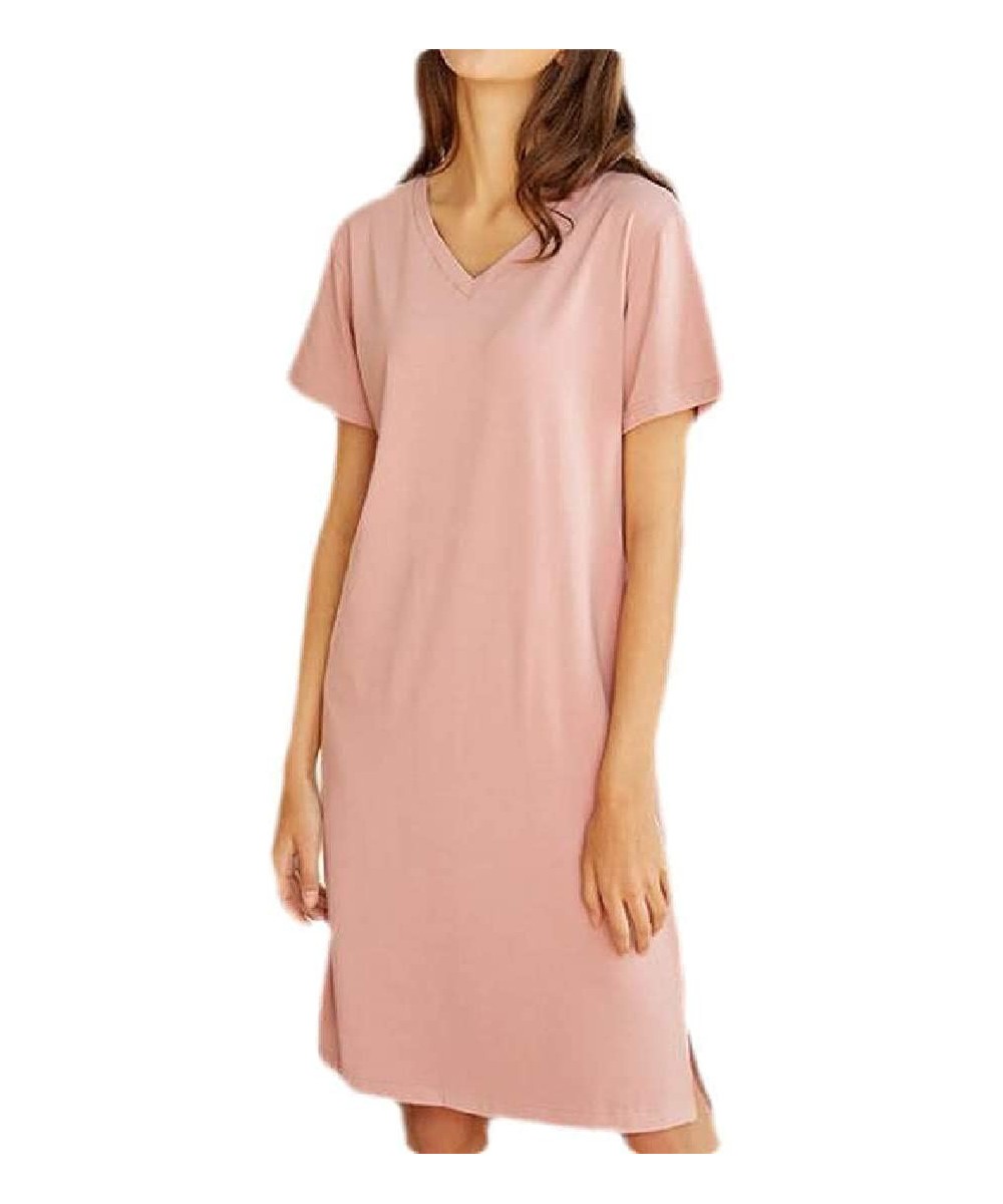 Nightgowns & Sleepshirts Women Knit V Neck T-Shirt Sleepwear Short Sleeve Nightgown Night Dress - 3 - CE19DT2RSXU