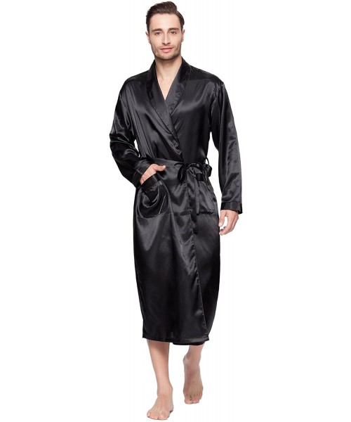 Robes Mens Shawl Classic Satin Kimono Robe Sleepwear - Black - C018HQC8MLI