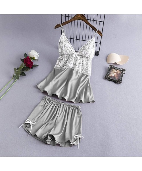 Sets 4 Pieces Satin Silk Sleepwear Lounge Nightgown Female Women Pajamas Sets Lace with Chest Pads - Gray - CP198D72H2L