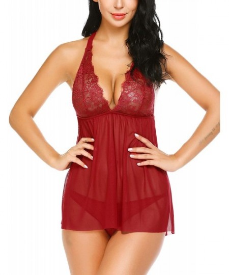 Baby Dolls & Chemises Women Lace Halter Babydoll Lingerie Sexy See Through Strap Chemise Sleepwear with G-String - Dark Red -...
